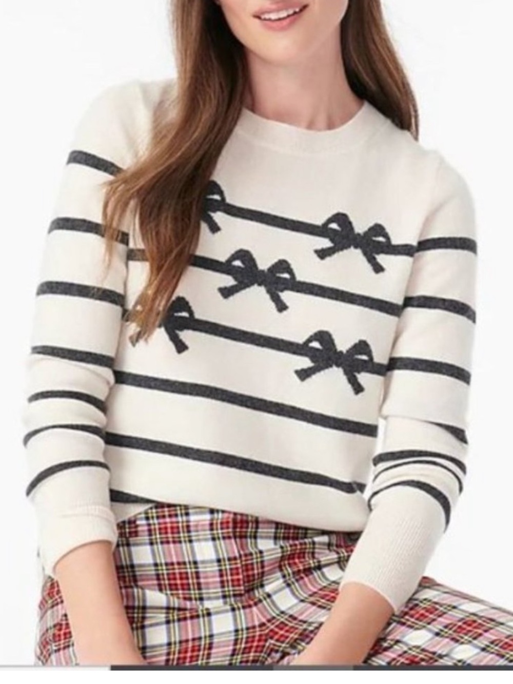 J. Crew Cream Charcoal Gray Cashmere Crewneck Sweater with Bow Stripes Size XXS